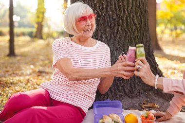 Neşeli kadın arkadaşıyla sağlıklı bir piknik yapıyor.