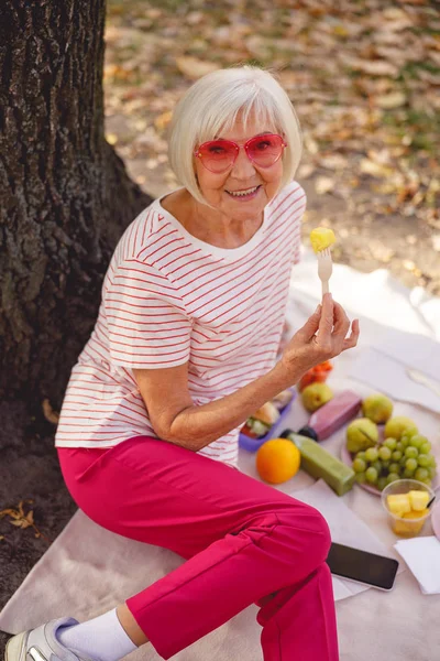 Velha senhora feliz tendo almoço saudável lá fora — Fotografia de Stock