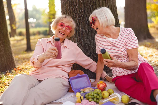 Boldog hölgyek töltenek időt a reggeli pikniken — Stock Fotó