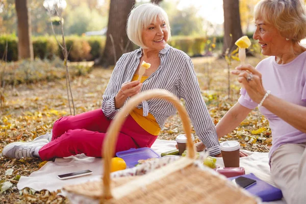 Güzel yaşlı bayanlar ilginç bir konuşma yapıyorlar.