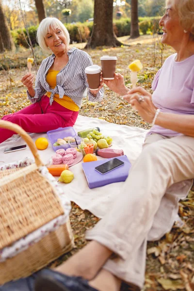 Friends being happy having breakfast in the park — 스톡 사진