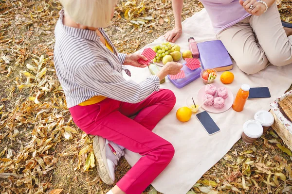 Starzy przyjaciele zabawiają się podczas pikniku — Zdjęcie stockowe