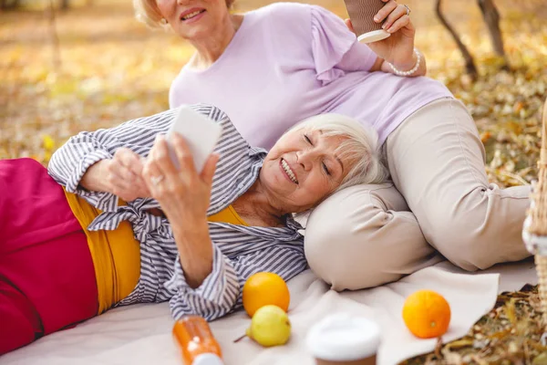 Neşeli bayanlar piknikte dinleniyorlar.