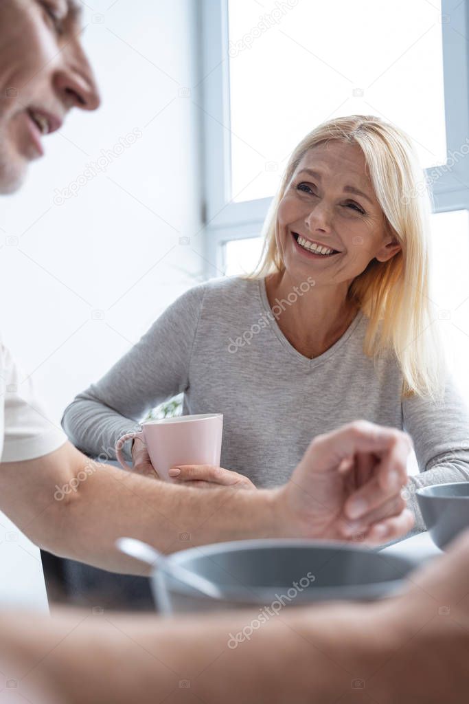Happy woman laughing with man stock photo