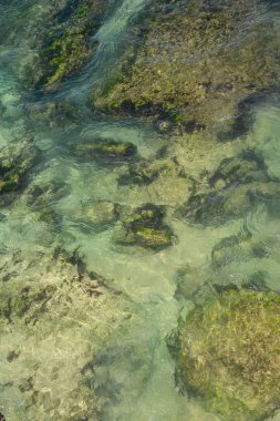 Büyük dalgalar kayalık kıyı şeridine doğru kırılıyor