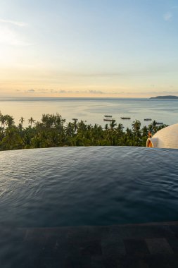 Swimming pool above jungles and ocean stock photo