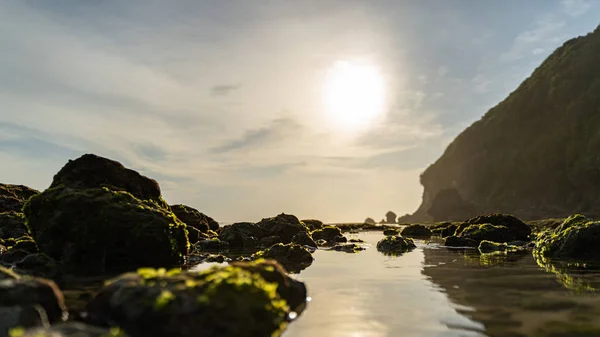 Grüne Küste mit Felsen unter Sonnenschutz Foto — Stockfoto