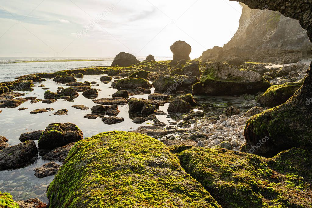 Sunny bay with green stones stock photo