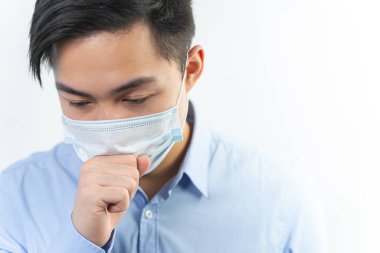 Close up of ill man that wearing mask