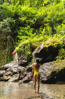 Beautiful young woman standing in front of jungles
