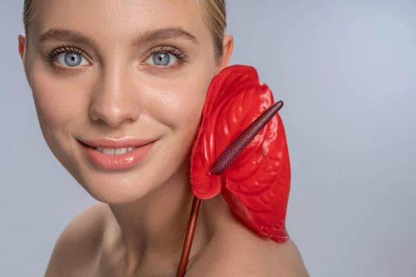 Positive delighted young woman looking at camera — Stock Photo, Image