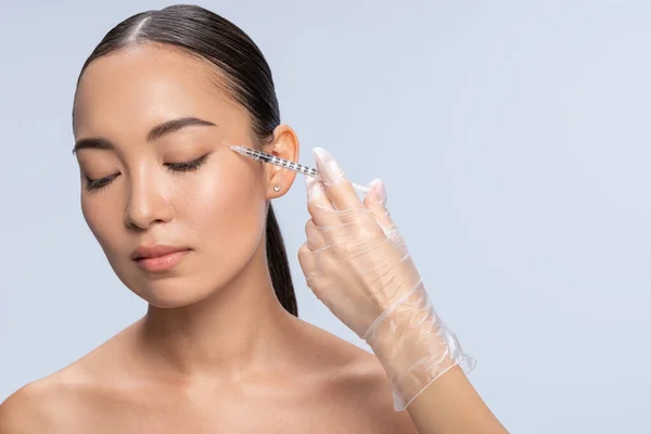 Portrait of cute woman that doing injection — Stock Photo, Image