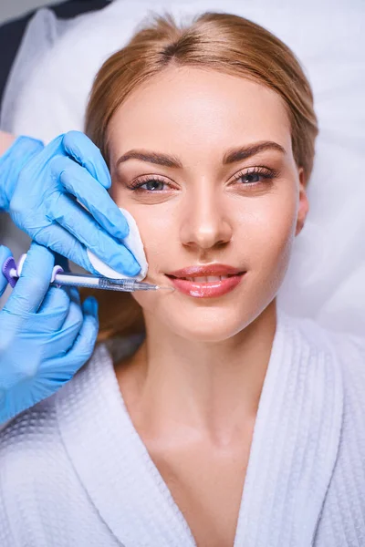 Happy woman during beauty injections stock photo — Stock Photo, Image