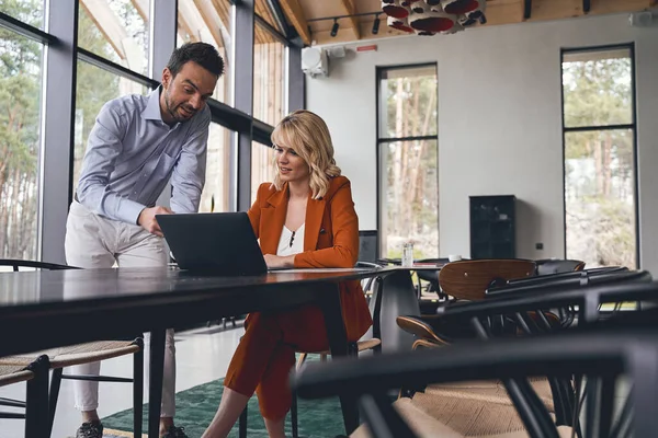 Zufriedene fokussierte Geschäftsfrau starrt auf einen Laptop-Bildschirm — Stockfoto