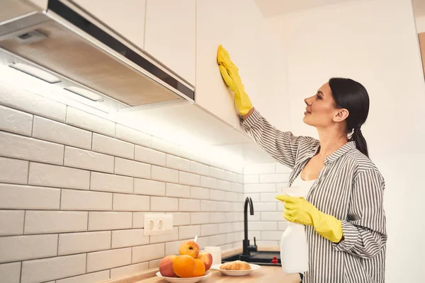 Positiv erfreute weibliche Person beim Putzen ihrer Küche — Stockfoto