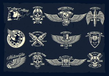 Klasik motosiklet amblemlerinin vektör kümesi. nesne logosu illüstrasyonu