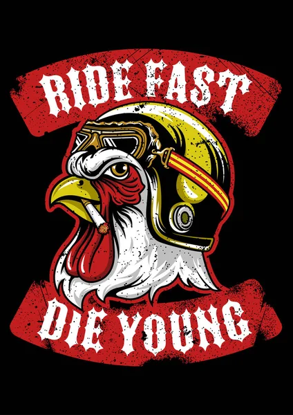 Gallo con casco de motocicleta y club de cigarrillos emblema vector ilustración — Archivo Imágenes Vectoriales