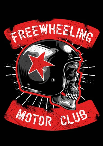 Freewheeling motor club, skull wearing vintage helmet stock vector illustration — 스톡 벡터