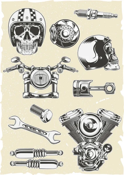 Vector set of motorcycle parts. object logo illustration — 스톡 벡터