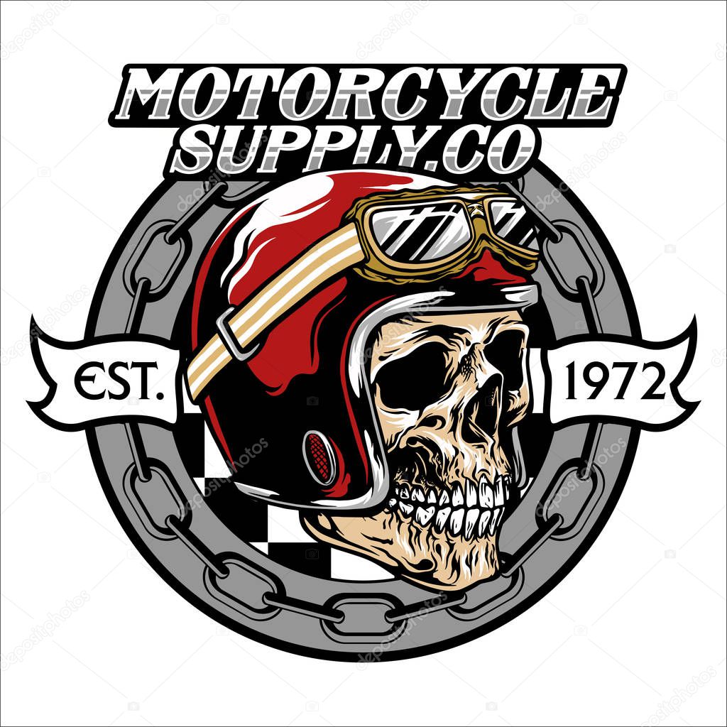 skull wearing classic motorcycle emblem vector illustration