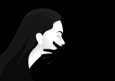 hand covering crying woman mouth vector illustration.
