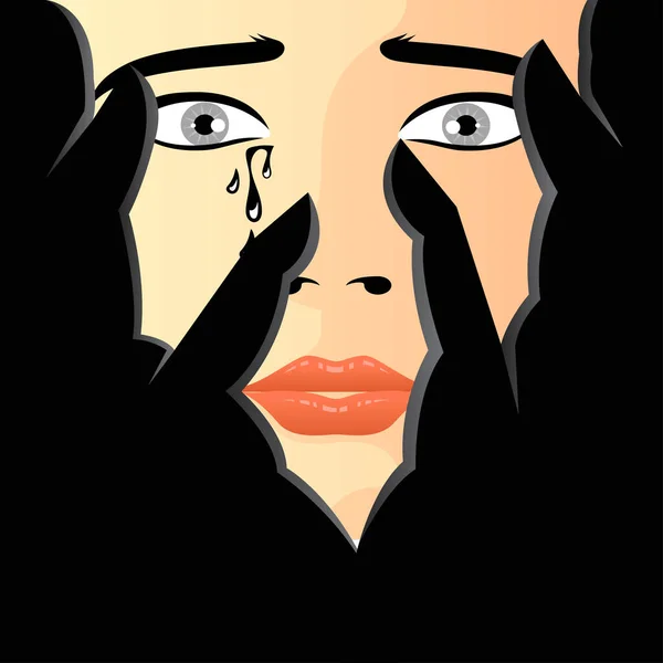 Unhappy woman cries covering face with hands vector illustration. — ストックベクタ