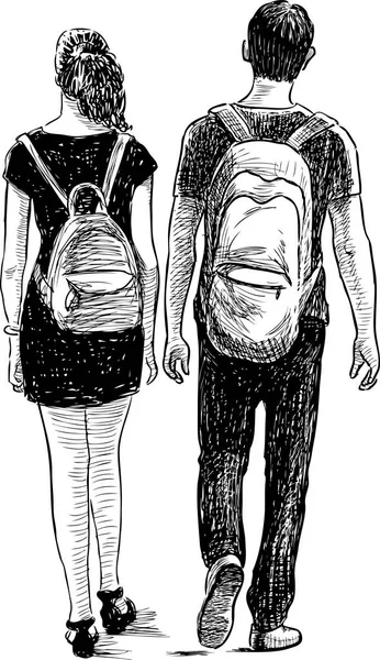 Paar van de studenten op een wandeling — Stockvector