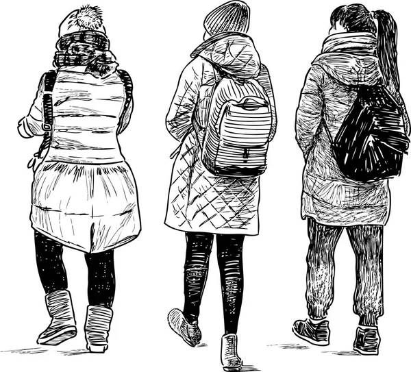女孩子们去上学 — 图库矢量图片