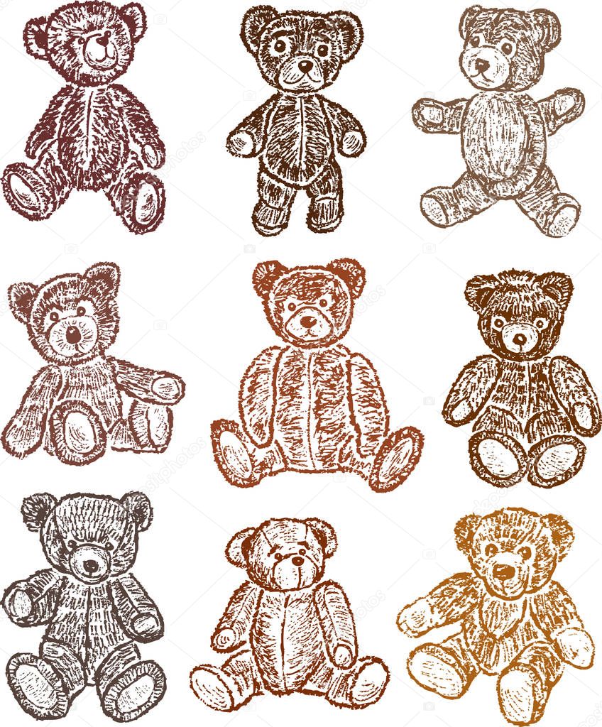 Vector drawing of the old plush teddy bears.