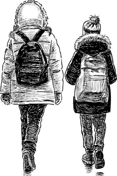 Сестры возвращаются домой из школы — стоковый вектор
