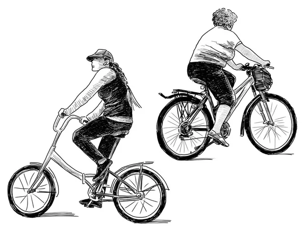 Sketch of the townswomen on the bicycles — Stock Photo, Image