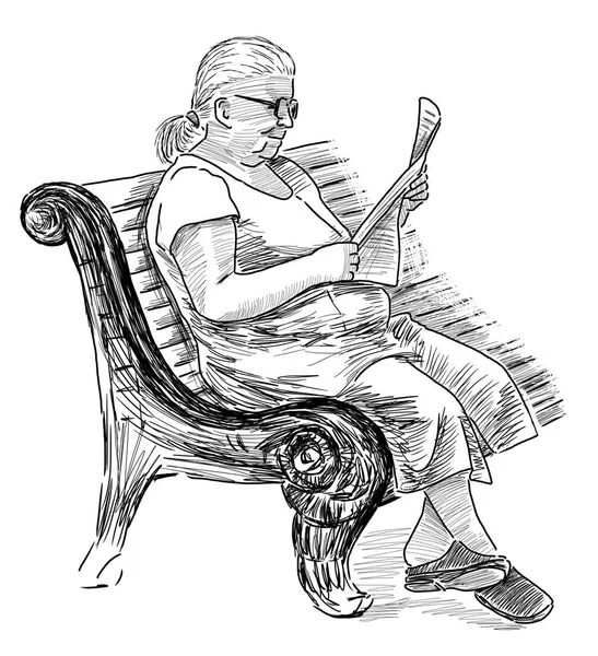 Sketch of an old woman reading a newspaper — Stock Photo, Image