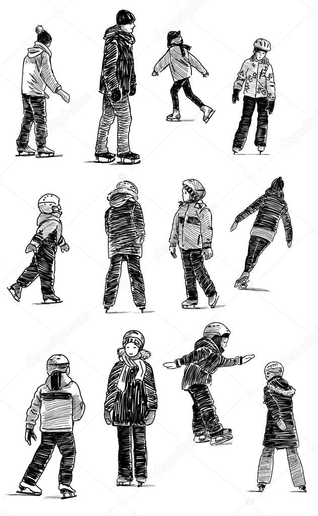 sketches of the kids ice skating