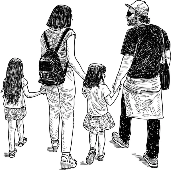 Jonge ouders met hun kinderen op een wandeling — Stockvector