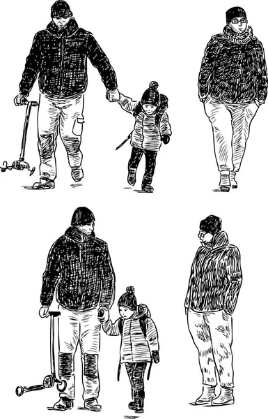 Эскиз молодой семьи на прогулке — стоковый вектор