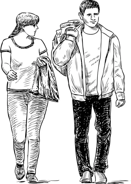Sketch of the casual pedestrians couple — Stock Vector