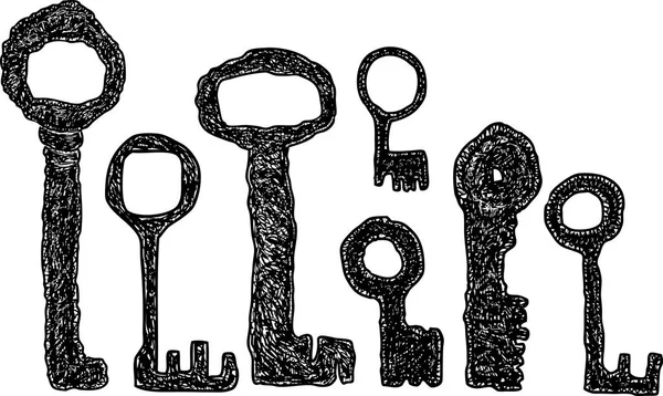 Hand drawings of the set of the medieval keys — Stock Vector