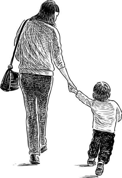 Uma jovem mãe com seu filho está em uma caminhada — Vetor de Stock