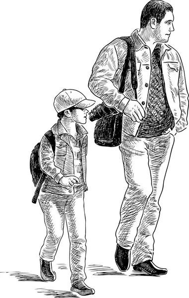 Seorang ayah dengan anaknya berjalan-jalan - Stok Vektor