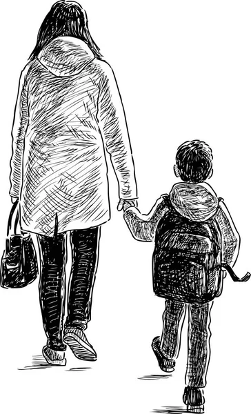 Mutter und Sohn gehen zur Schule — Stockvektor
