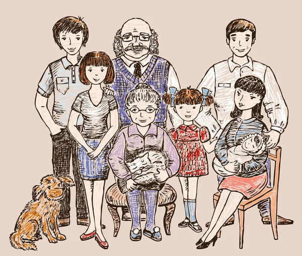 Szkic duży szczęśliwą rodzinę — Wektor stockowy