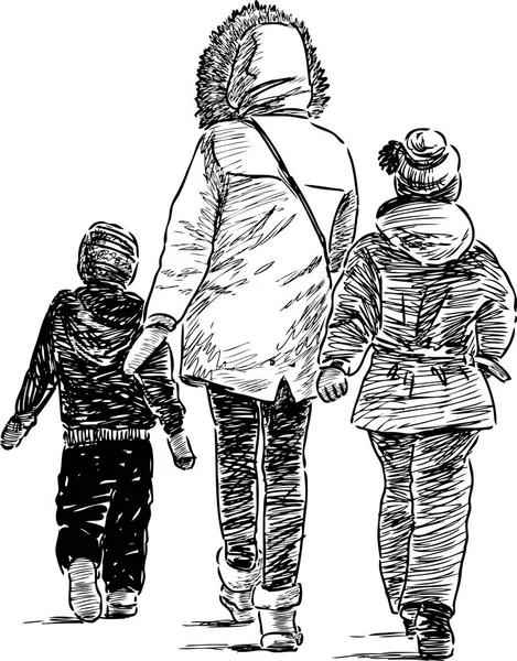 母と散歩に彼女の子供たち — ストックベクタ