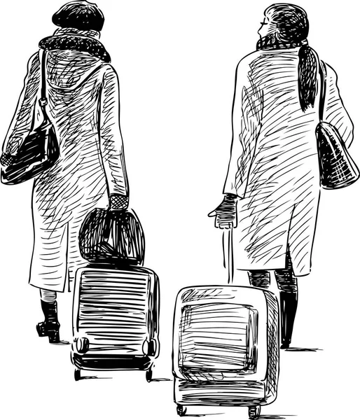 Dos Mujeres Con Las Maletas Viaje — Archivo Imágenes Vectoriales