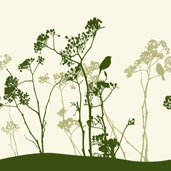 Siluetas Flores Silvestres Aves — Archivo Imágenes Vectoriales