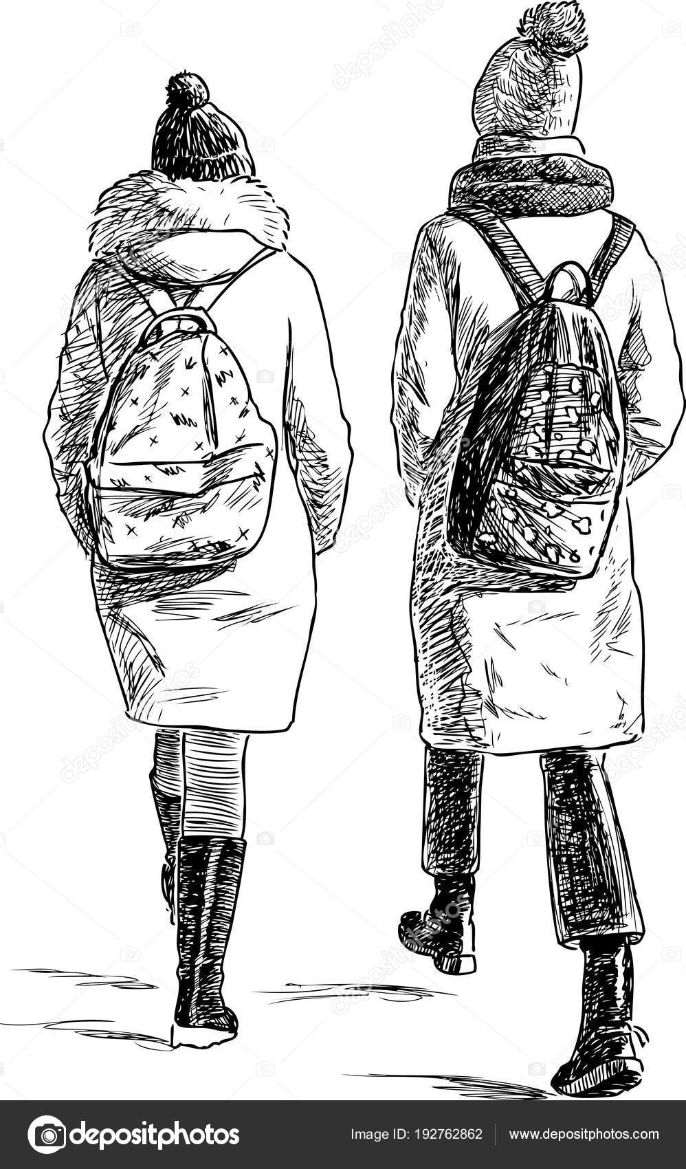 Drawing Of A Girl Going To School Sketch Students Girls