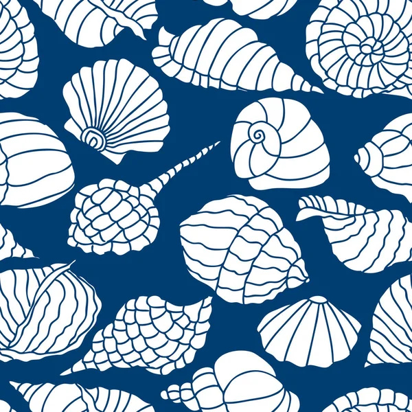 様々な貝殻のシルエットのシームレスなパターン — ストックベクタ