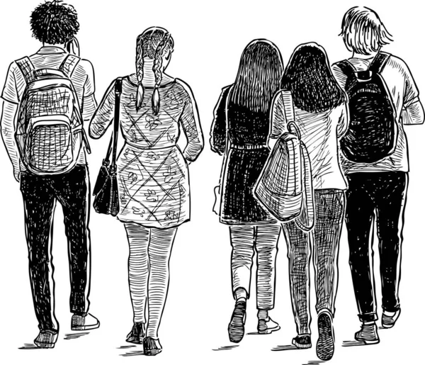 Desenho Mão Livre Crupe Estudantes Adolescentes Andando Rua Abaixo Dia —  Vetores de Stock