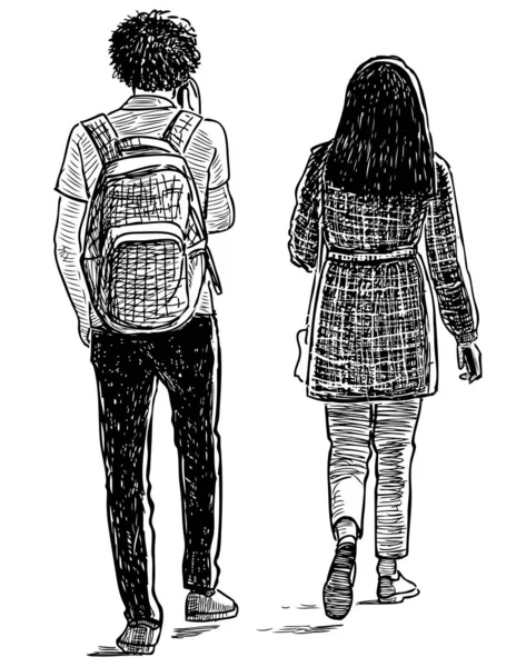 Skizze Eines Studentenpaares Das Die Straße Entlanggeht — Stockvektor