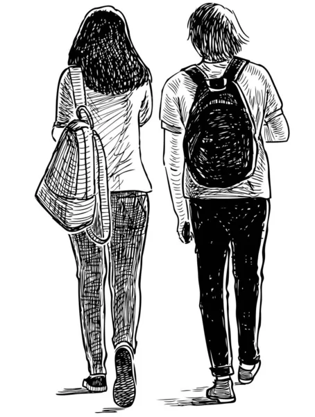 Bosquejo Estudiantes Amigos Pareja Caminando Por Calle — Vector de stock