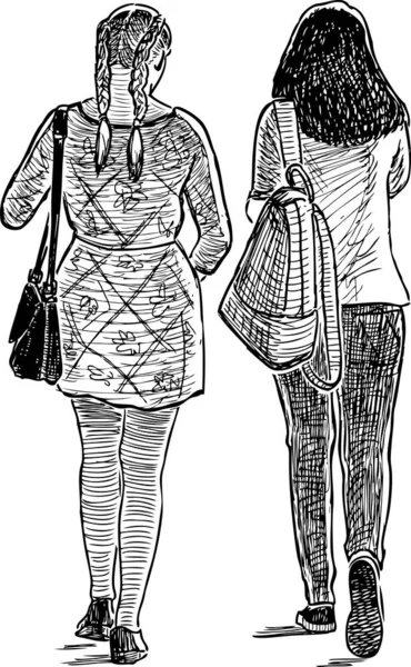 Sketch Students Girls Walking Street Summer Day — Stock Vector